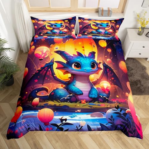 Homewish Housse de Couette 220x240 Enfant Dragon de Dessin Animé, Parure de Lit Ballon Mignon, Sets de Housses de Couettes Mignon Dragon Occidental, Couvre Lit Animaux...