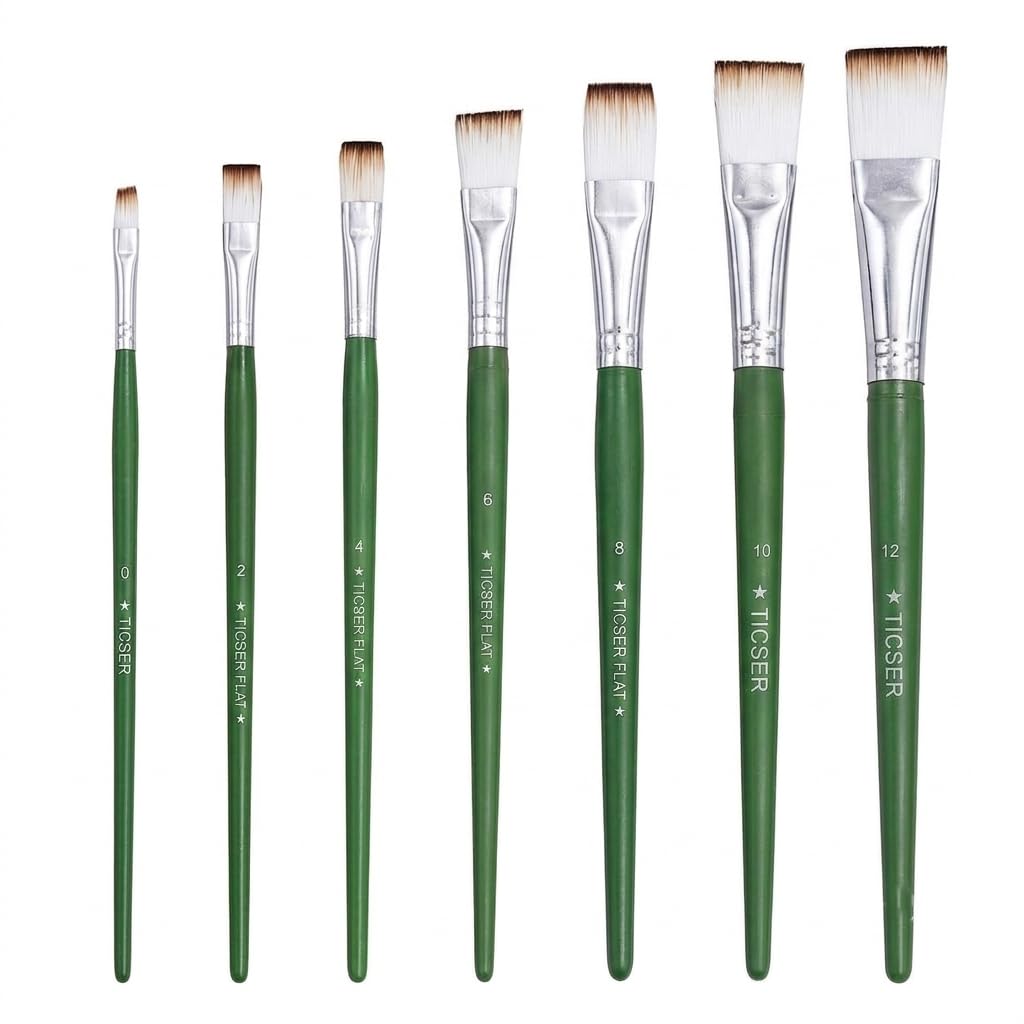 Pro Flat Paint Brush Set of 7, Sizes 0 to 12 | Synthetic Nylon Bristles, Birch Wood Handles, Nickel-Plated Ferrule, Acrylic, Oil & Watercolour, 7 Precise Sizes-image-22