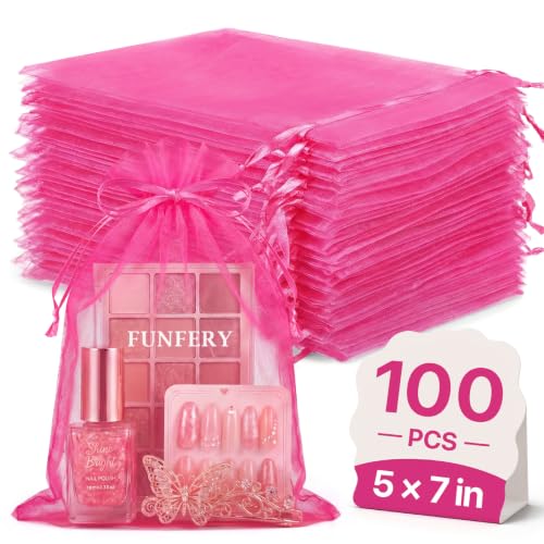 Image of FUNFERY 100PCS Hot Pink Organza Gift Bags 5x7in,Drawstring Jewelry Pouch
