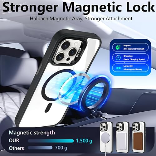 Image of Dsynk Gear Case Compatible with iPhone 15 Pro, Black | Magnetic Compatible with MagSafe | Built-in Stand & Camera Lens Protector | Anti-Yellowing & Scratch-Resistant Crystal Clear Back Cover