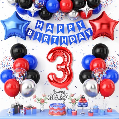 3rd Birthday Decorations for Boys,Red Black Blue Birthday Balloon Number 3 Balloon with Star Foil Balloons Banner Cake Topper for 3 Year Old Kids Theme Party Decor