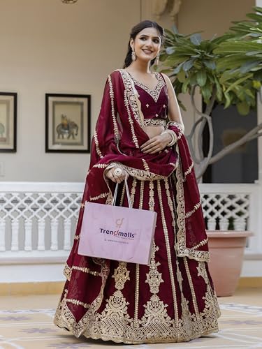 Image of TRENDMALLS Art Silk Embroidery Sequence Work Lehenga Choli Unstitch Blouse With Dupatta For Women (New-Bridal-Latest-Wedding-Sequence-Lehenga-Designer)