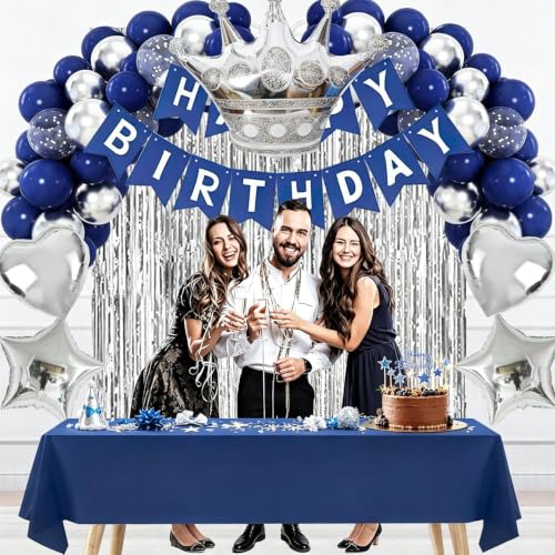 Navy Blue Birthday Party Decorations Set – 92Pcs Set with Banner, Star Garland, Crown, Heart & Star Foil Balloons, Fringe Curtain, Cake Topper, Tablecloth, Latex & Confetti Balloons for Men & Women - image 6