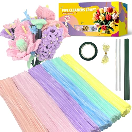 450 Pcs 6 Assorted Colors Pipe Cleaners Set Flexible Chenille Stems with Floral Wires Tape Stamens & Ribbon Complete DIY Flower Craft Supplies