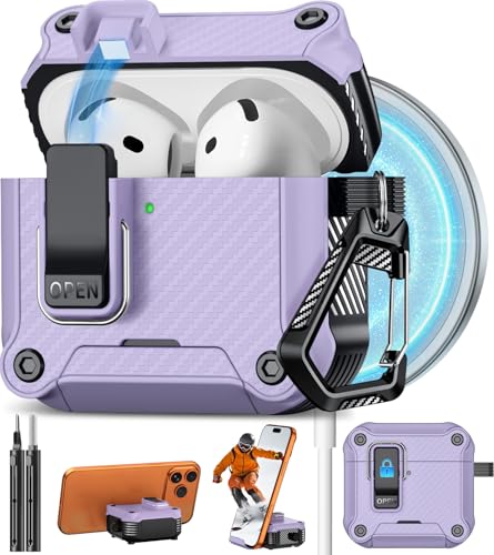 Image of Pohgelan for AirPods 4 Case with Safety Lock-Purple | Carbon Fiber Texture Cover,Magnetic Automatic Lock with Cleaning Kit&Keychain,Compatible with Magsafe