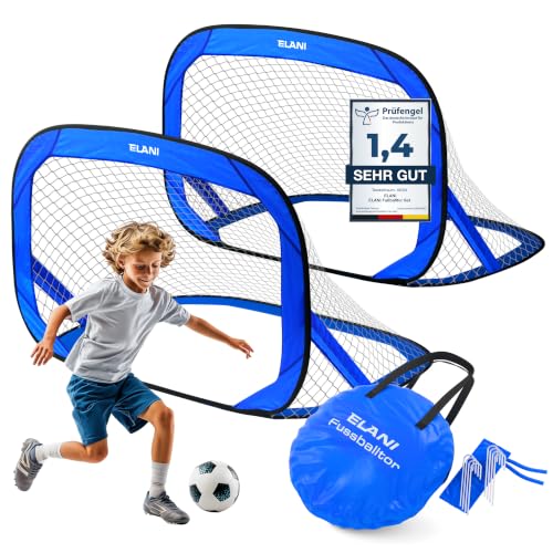 ELANI Fußballtor Kinder Pop-Up 2er Set – faltbar, 50% Kleiner & Easy Aufbau, Mini Fußballtor für Garten, Fußballtor, Fussballtore, Fußball Tor (Blau)