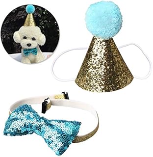 nuoshen Dog Birthday Cone Hat and Bow Tie Collar Sequin Set,Mini Doggy Cat Birthday Party Decoration Headwear Hair Accessories Pet Headband + Bowknot