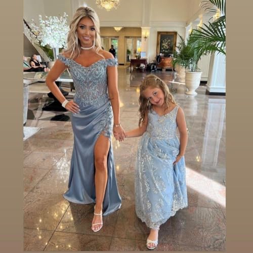 Off Shoulder Satin Prom Dresses Long with Slit 2024 Lace Applique Mermaid Formal Evening Party Gowns LS063