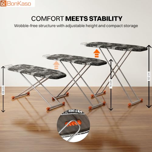 Image of BonKaso Premium Foldable Ironing Board with Adjustable Height & Heat Resistant Iron Rest | Ergonomic Ironing Table with Anti-Skid Legs, Fabric Cover & Foam Padding for Home - Black