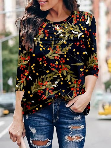 KISSMODA Women's Casual 3/4 Sleeve T-Shirts Round Neck Cute Tunic Tops Basic/Pleated Summer Tops Trendy Spring Blouses