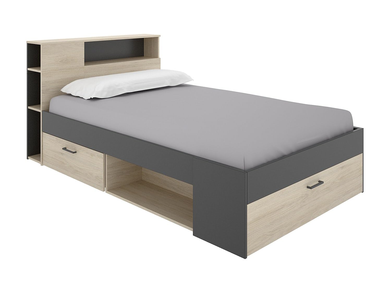 Vente-unique-Lit avec tête de lit rangements et tiroirs - 120 x 190cm - Coloris : Naturel et Anthracite + Sommier - Leandre