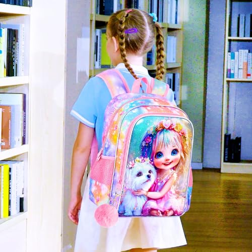 Image of 3Pcs Dog Backpack for Girls, 16 inch Kids Bookbag with Lunch Box，School Backpacks for Elementary Preschool Kindergarten (Pink)