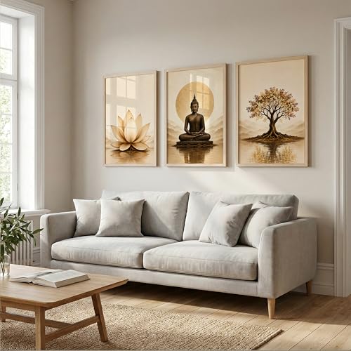 Image of Set of 3 Buddha Wall Art Paintings for Living Room | Lotus Flower & Tree of Life Spiritual Wall Decor | Meditation Zen Wall Paintings for Home, Bedroom, Office & Meditation Room (13x19 Inches)