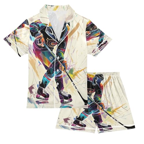 ALAZA Ice Hockey Player Stylish Satin Pajamas Set Short Sleeve Button Down Sleepwear Summer Pjs 2 Piece