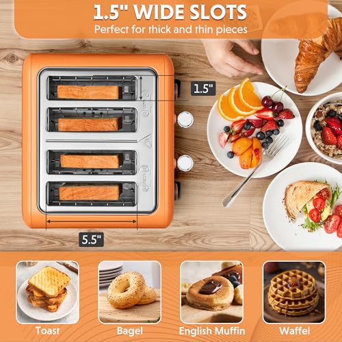 Image of BUYDEEM DT640 4-Slice Toaster, Extra Wide Slots, Retro Stainless Steel with High Lift Lever, Bagel and Muffin Function, Removal Crumb Tray, 7-Shade Settings,Orange