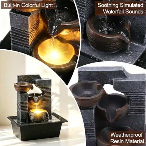 Image of Tabletop Waterfall Fountain-3 Bowls Tabletop Water Fountain for Home and Office Decor,Soothing Sound Zen Meditation Decor Indoor Waterfall Fountain for Good Luck Relaxation