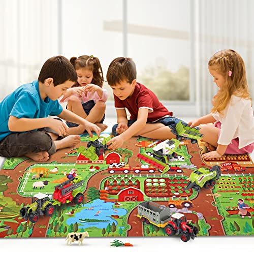 Oriate Farm Tractor Set 34 Piece Die-Cast Vehicle Value Playset, Large Size 4.8" Tractor Toy For Kid's Birthday Gift, Including A Farm Room Mat With Farm Animal, Children's Birthday Gifts Toy #TOP2
