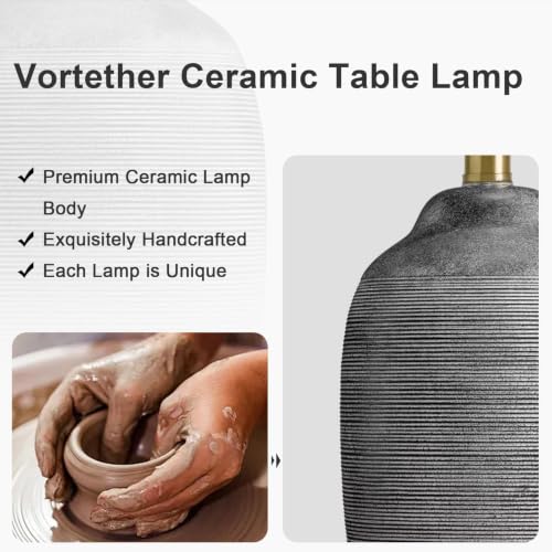 Image of 24.5 inch Ceramic Rustic Lamp for Living Room with Pre-Attached Shade | Single Gray Bedside Lamps, Hand-Textured Farmhouse Vintage Table Lamps for Bedroom Nightstands, End Table Home Decor,5FT Cord