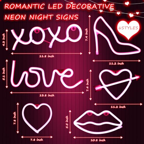 Image of Baquler 6 Pcs Valentine's Day Pink Neon Sign Neon Light LED Sign USB or Battery Operated Heart Neon Sign Wall Decor Lamp for Party Girl's Room Dorm Bedroom Wedding Bar Anniversary Decorations