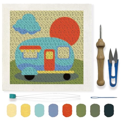 FREEBLOSS Punch Needle Embroidery Starter Kits for Adults Beginners, Framed Punch Embroidery Kit Include Instructions, Punch Needle Fabric with Campervan Pattern, Yarns, Rug Punch Needle Kit