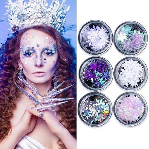 Snowflakes Glitter Sequins Makeup Face Stickers Winter Fairy Glitter Snowflakes Sequins Face Jewels Gems 6 Boxes 3D Laser Holographic Nail Art Christmas Sequins for Nail Art Decals Carnival Party