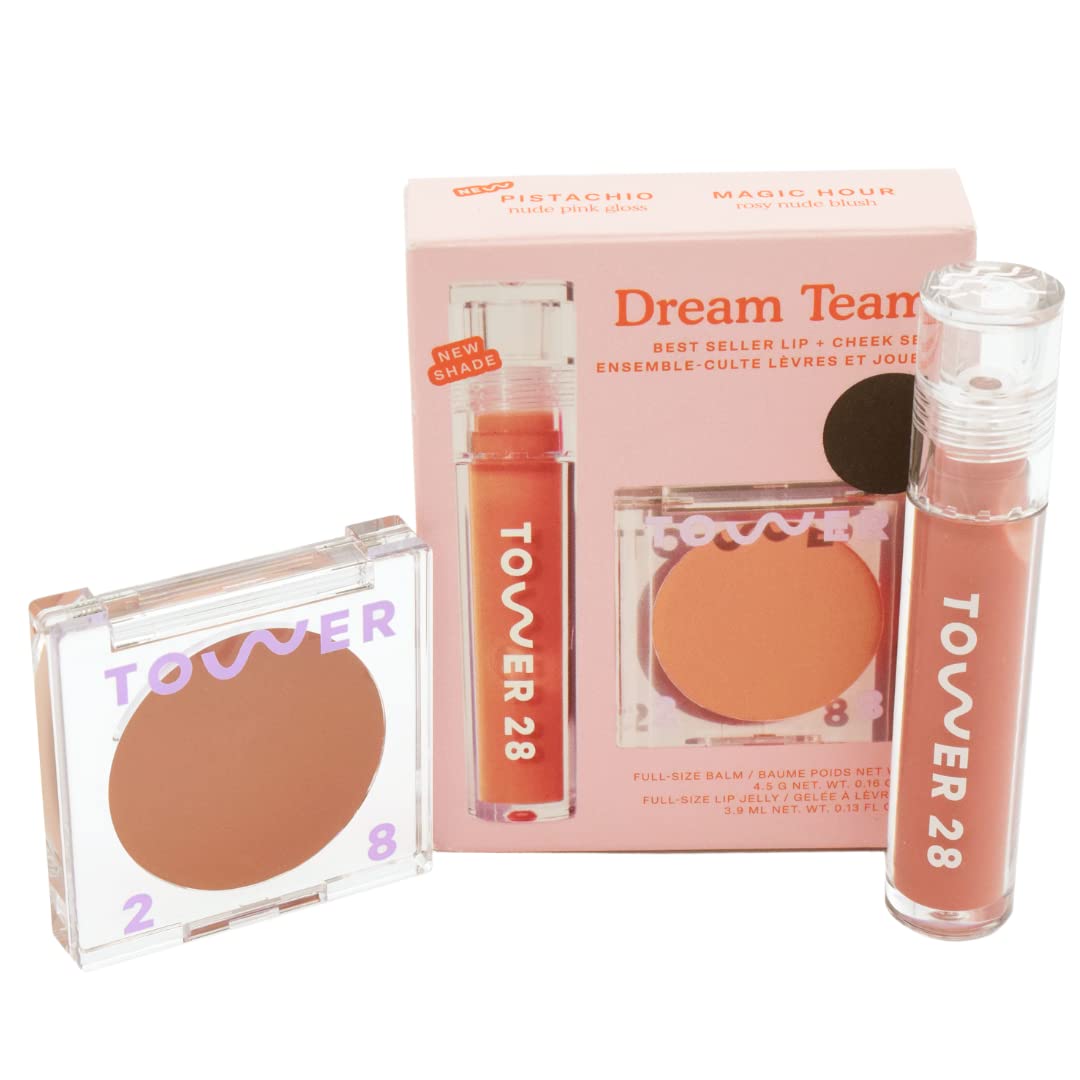 Tower 28 Beauty Dream Team Lip + Cheek Set: Beach Please Cream Blush in Magic Hour & Shine On Milky 