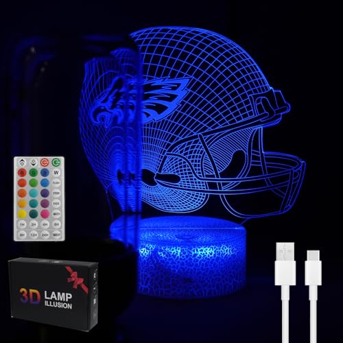 3D LED Night Light Football Helmet Design for Philadelphia, 16 Colors Changing Table Lamp with Remote & Touch Control, Dimmable USB Bedroom Night Lamp, Kids Room Decor & Holiday Gift Christmas Gifts
