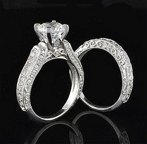 Venetia Top Grade Realistic Hearts and Arrows Cut 2 Carats Simulated Diamond Victorian Pave Ring Set 925 Silver Platinum Plated Cubic Zirconia cz shou62