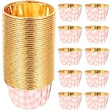 Tofficu 50 Moldes para Hornear Magdalenas Diy, Envoltorios Antiadherentes para Pasteles, Papel Resistente al Calor, Tamaño Pequeño, Diseño Cuadriculado Rosa, Adecuado para Repostería