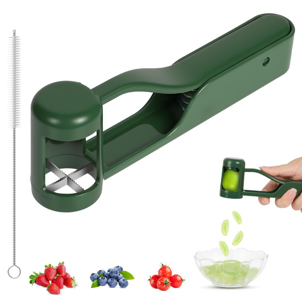 AOOTE Grape Slicer for Baby, Fruit Slicer for Toddlers, Stainless Steel Quarter Kitchen Gadget, ABS Plastic Handle, Stainless Steel Blades, Grape Tomato Cherry Cutter Tools for Fruit Salad, Green