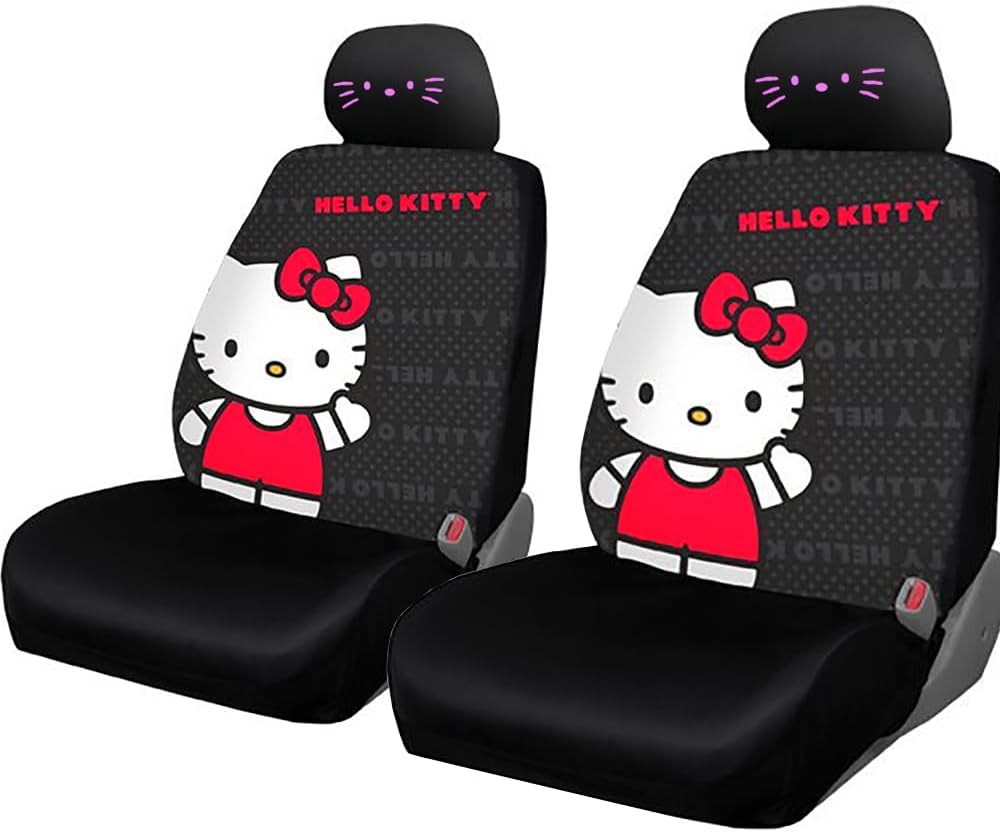 Yupbizauto Hello Kitty Cord Car Seat Cover Set – Pink Embroidered Kitty Face Headrest Covers & Little Tree Air Freshener Bundle