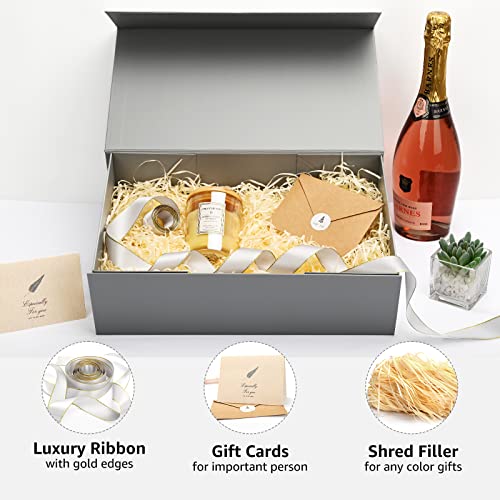 Image of LIFELUM 2 Pack Large Gift Boxes with Lids,13.85 x 8.35 x 4.45 inch Gift Box Rectangle Collapsible Box Groomsmen Gift Boxes for Presents with Ribbon, Card, Shredded Paper Filler