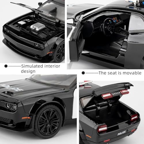 Image of WORSHIPER 1:24 Dodge Challenger SRT Hellcat Police Toy Diecast Collectible Toy with Lights and Sounds Decoration Model Car Gift for Kids [Black-Color]