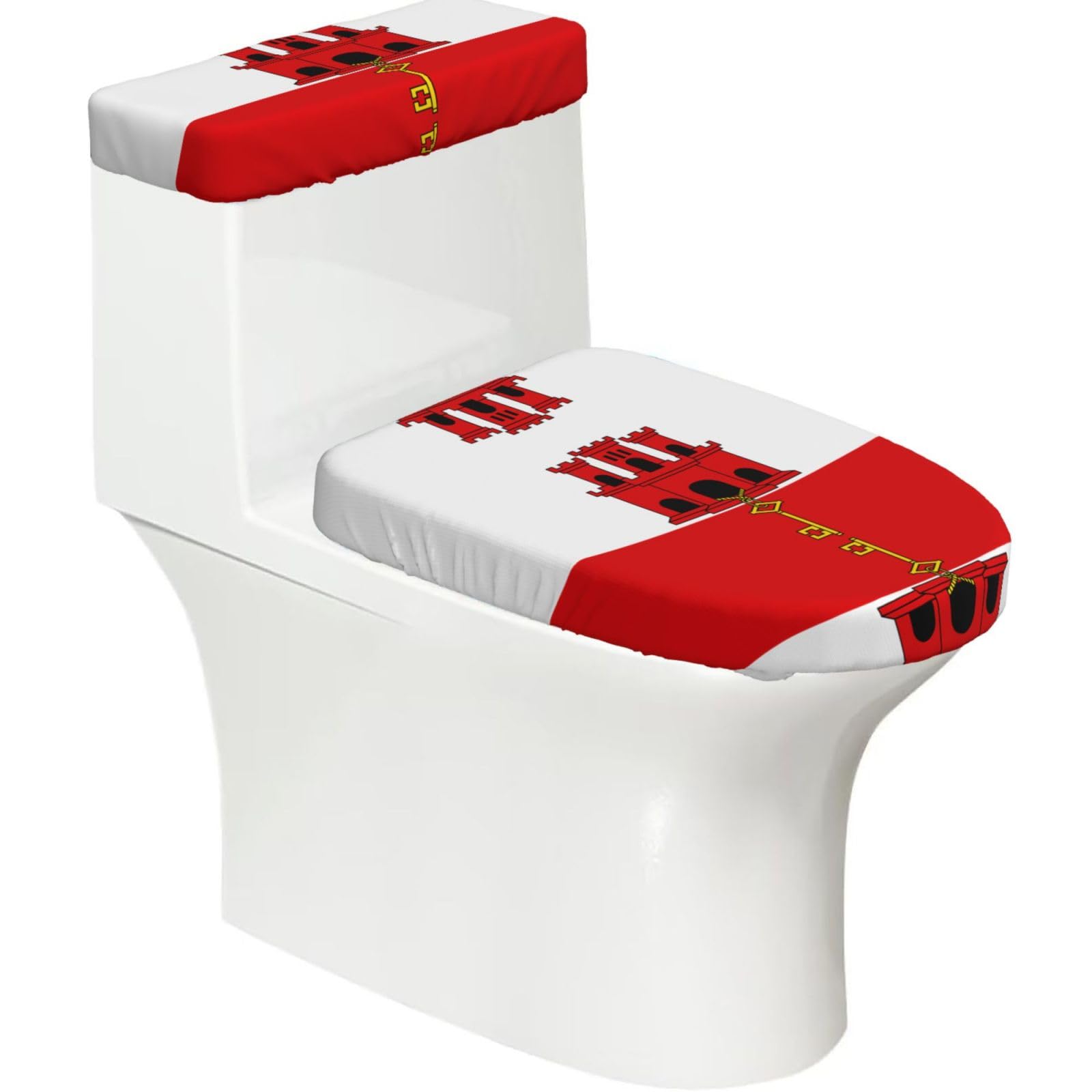 Flag of Gibraltar Elastic Toilet Cover Set of 2-Stretchy Lid and Tank Covers for Bathroom, Soft Washable U Shape Toilet Decor