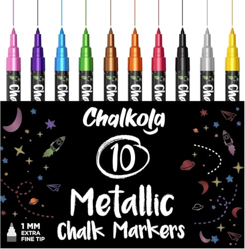 Chalkola Kreidestifte für Tafel Abwaschbar | 10 Metallic Stifte 1mm Extra Feine Spitze | Kreide Stift für Fenster Tafel Whiteboard & als Glasstift. Chalk markers für Erwachsene & Kinder