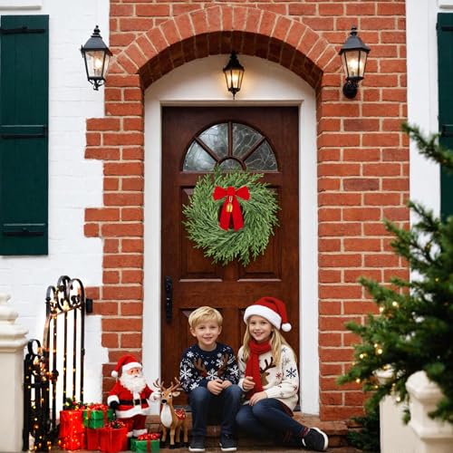 Image of 26 inch Christmas Wreath for Front Door, Artificial Wreath with Bow and Bell,Real Touch Pine Winter Wreath Christmas Decoration for Porch,Window,Wall,Thanksgiving Day Harvest Festival