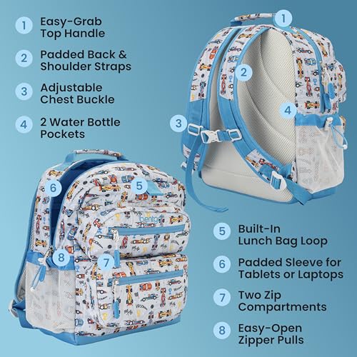 Image of Bentgo Kids Print Backpack - Lightweight 14 inch Backpack for School, Travel & Daycare, Ideal for Ages 4+, Durable & Water-Resistant, Roomy Interior, & Loop for Lunch Bag (NEW Race Cars)