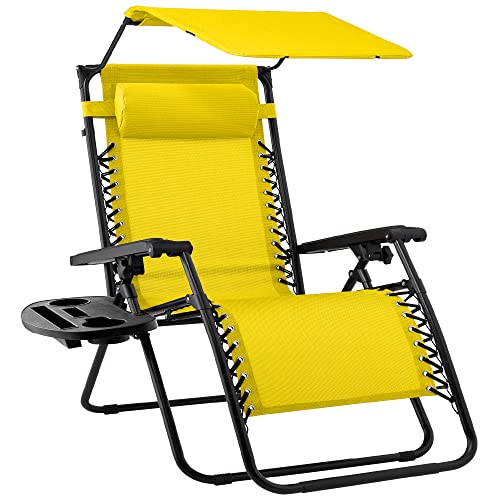 Best Choice Products Folding Zero Gravity Outdoor Recliner Patio Lounge Chair w/Adjustable Canopy Shade Headrest Side Accessory Tray Textilene Mesh - Sunflower Yellow