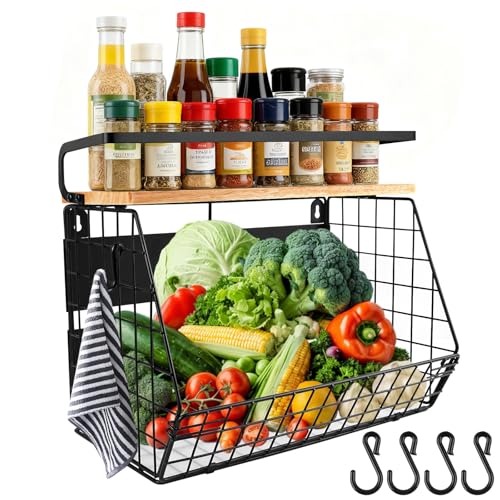 BILIONE Magnetic Shelf for Fridge with Wood Lid, Large Magnetic Spice Rack Organizer Basket for...