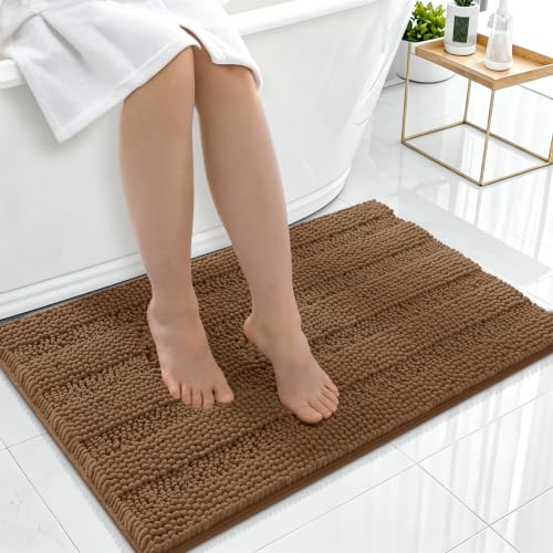 Image of Smiry Thick Chenille Bathroom Rugs 36x24, Extra Soft Absorbent Striped Bath Mat, Machine Washable, Rubber Backing, Bath Rugs for Bathroom, Tub & Shower, Modern Home Decor Accessories, Mocha