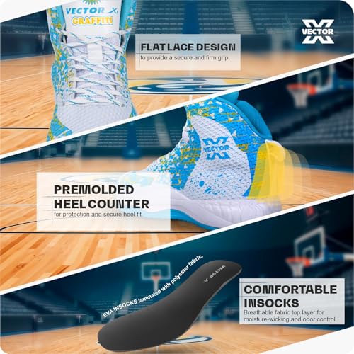 Image of Vector X Graffiti 3D Texture TPU Fusing|Eva Phylon Rubber Sole Stylish & Comfortable High Ankle Court Shoe Best for Squash Table Tennis Volleyball Indoor & Outdoor Sports Lace Up Sneakers for Men