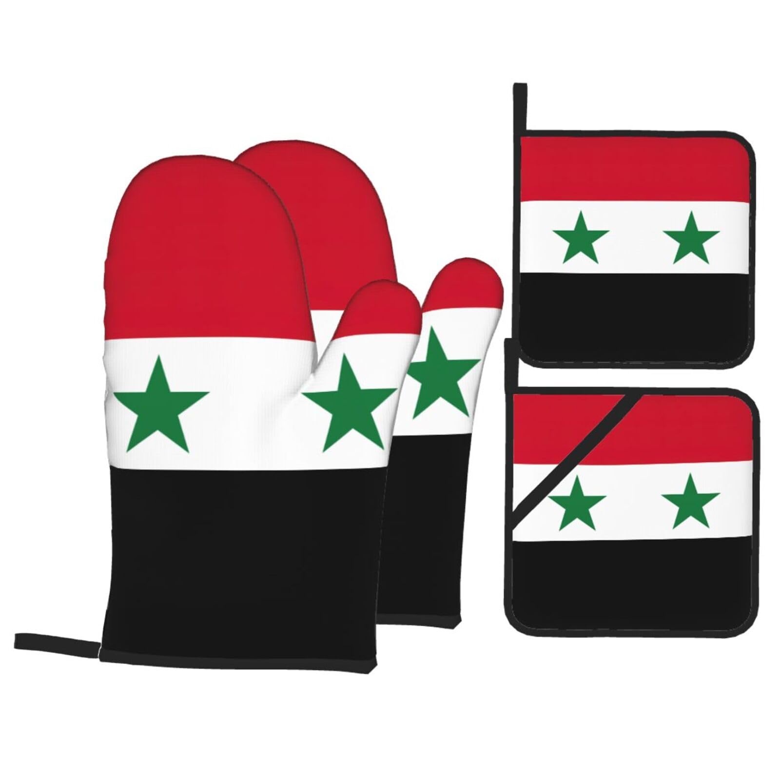 Flag of the Syrian Arab Republic Print 4-Piece Oven Microwaving Set Waterproof Kitchen Gloves for Baking Grilling Cooking