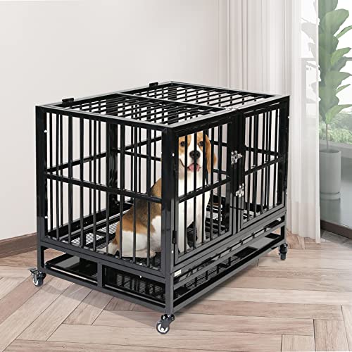 Walnest 37 Inch Indestructible Dog Crate Dog Kennel With Removable Divider Panel Heavy Duty Pet Cage For Two Dogs W/ Steel Tray Wheels With 2 Doors, Black #TOP4
