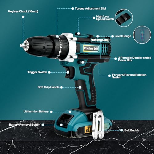Household Hand-Held Bohrschrauber Set 21V: Akkubohrer mit 2 Akkus 2000mAh,45Nm Max Drill Set 25+3 Paar, 24 Stück Bohrer Akkuschrauber, 2 Geschwindigkeiten, Led-Licht für DIY Projekte(Bohrmaschinen) – Bild 5