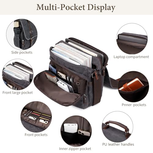 Wogarl 15.6" Messenger Bag for Men: Leather Waxed Canvas Briefcase Large Computer Laptop Bag Handbags Crossbody Bags for Work3