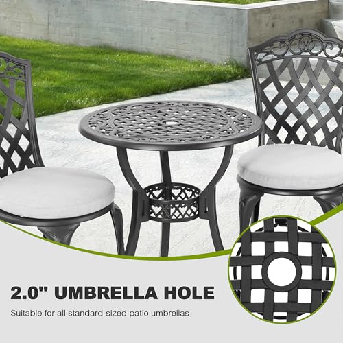 Image of NUU GARDEN 3-Piece Patio Bistro Set Outdoor Cast Aluminum Bistro Table and Chairs Set of 2, Outdoor Patio Bistro Set with Umbrella Hole and Gray Cushions for Patio and Balcony, Black