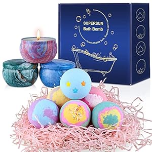 Badbommen cadeauset voor vrouwen (6 x 100 g) met 3 geurkaarsen, handgemaakte badballen, cadeauset voor vrouwen, cadeaus voor mama, vrouw, vriendin