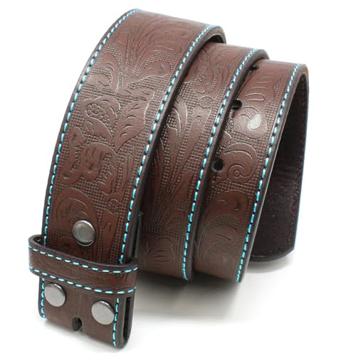BC Belts Leather Belt Strap with Teal Stitching and Embossed Western Scrollwork 1.5" Wide with Snaps2