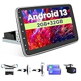 Pyniro Single DIN Car Stereo Universal Android 13 2GB+32GB 10 Inch Rotatable Touchscreen with CarPlay/AndroidAuto/Mirror Link, WiFi/GPS/Bluetooth/RDS/USB/FM/Steering Wheel Controls