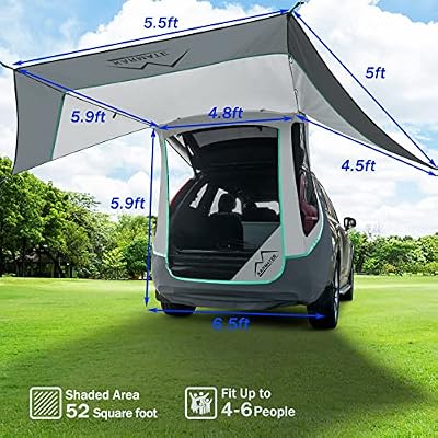 SUV Tailgate Tent with Poles &Three Sides Awning Shade & Transmittance Mosquito Net, Hatchback Camping Sunproof Car Tenting, Universal SUV Windproof Camping Gear Tent Outdoor Travel